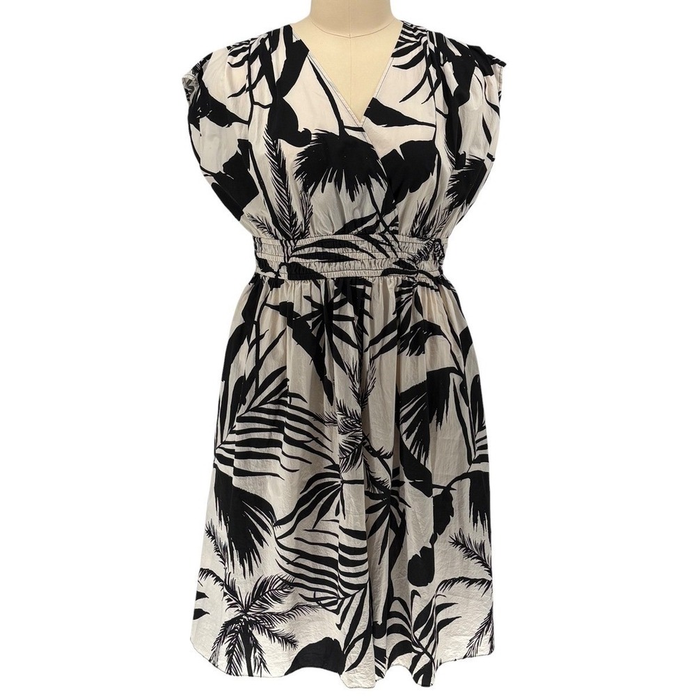 H&M Wrap Dress Black Cream Tropical Palm Leaf 100% Cotton XL